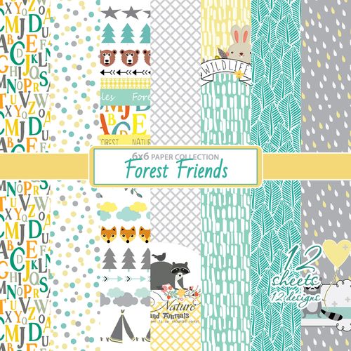 Paper Collection Set Forest Friends (6*6-190GSM), 12 Single Sided Sheet Pack