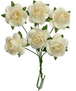 Handmade mulberry Jubilee roses, dia ~2,5cm, stem 6cm, 6 pcs, WHITE