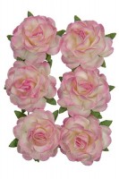 Handmade mulberry Jubilee roses, dia ~3cm, stem 6cm, 6 pcs, WHITE-PINK